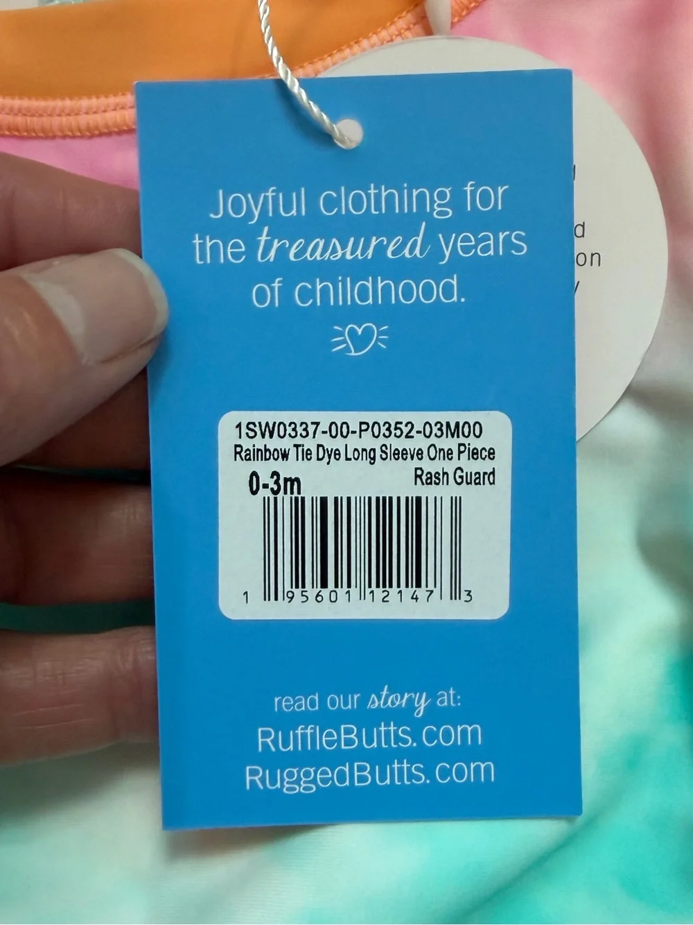 NWT RuffleButts Rainbow Tie Dye Long Sleeve Rash Guard One Piece Swimsuit, 0-3M